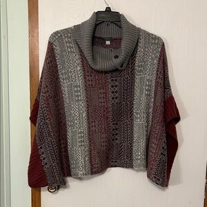 Poof! Gray and Burgundy Cowl Neck Poncho Sweater Size Small